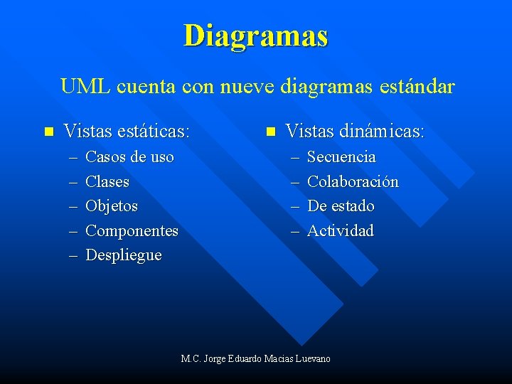 Diagramas UML cuenta con nueve diagramas estándar n Vistas estáticas: – – – Casos