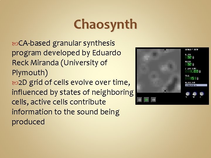 Chaosynth CA-based granular synthesis program developed by Eduardo Reck Miranda (University of Plymouth) 2
