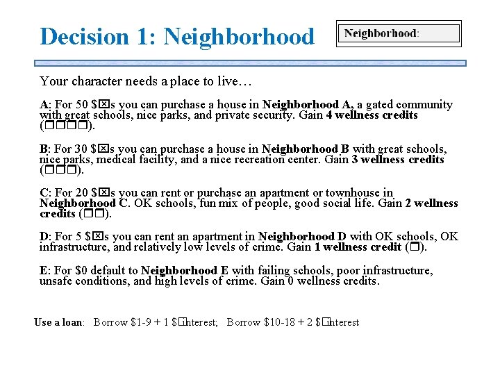 Decision 1: Neighborhood Your character needs a place to live… A: For 50 $