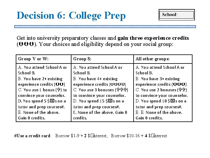 Decision 6: College Prep Get into university preparatory classes and gain three experience credits