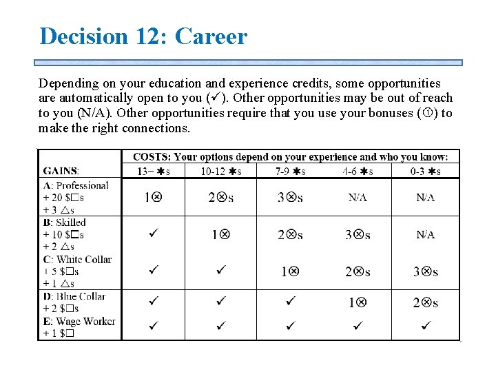 Decision 12: Career Depending on your education and experience credits, some opportunities are automatically