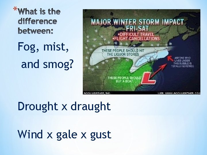 * * . Fog, mist, and smog? Drought x draught Wind x gale x