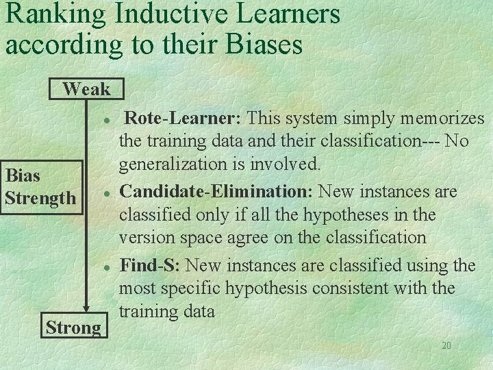Ranking Inductive Learners according to their Biases Weak l Bias Strength l l Strong