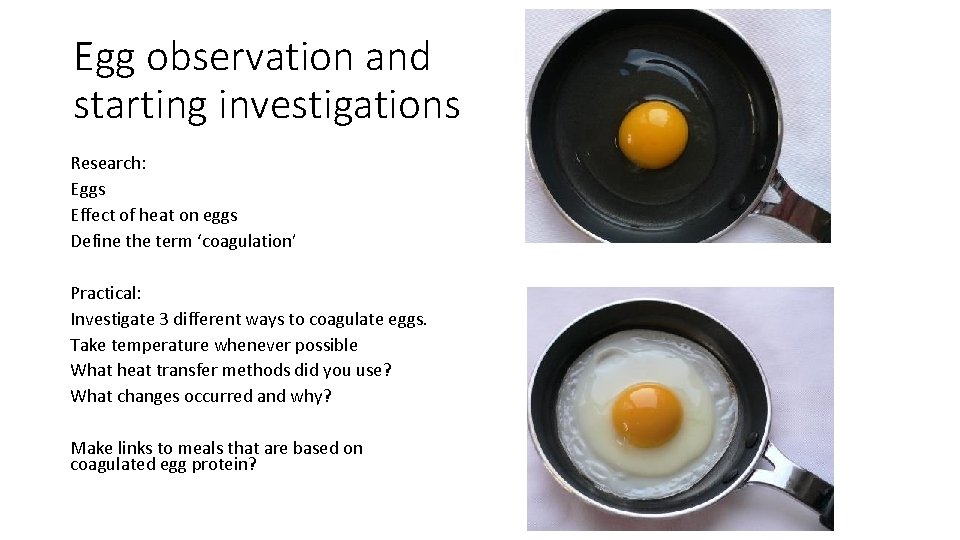 Egg observation and starting investigations Research: Eggs Effect of heat on eggs Define the
