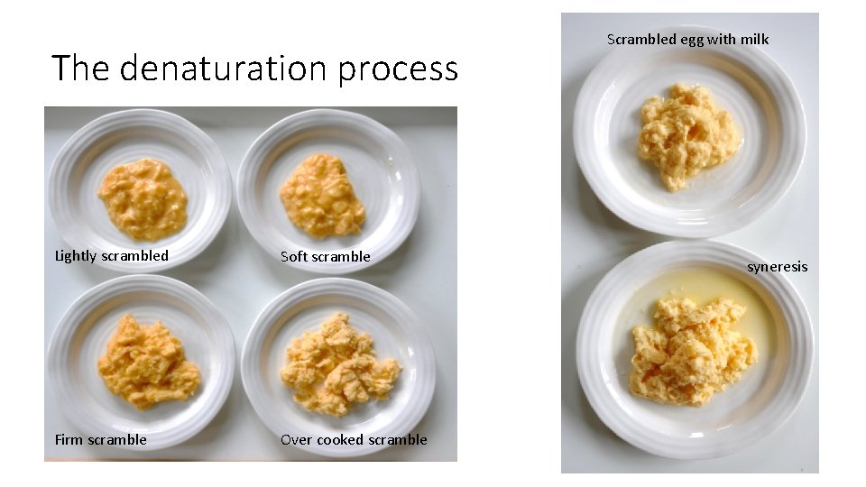 The denaturation process Lightly scrambled Soft scramble Firm scramble Over cooked scramble Scrambled egg