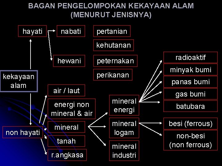 BAGAN PENGELOMPOKAN KEKAYAAN ALAM (MENURUT JENISNYA) hayati nabati pertanian kehutanan hewani kekayaan alam perikanan