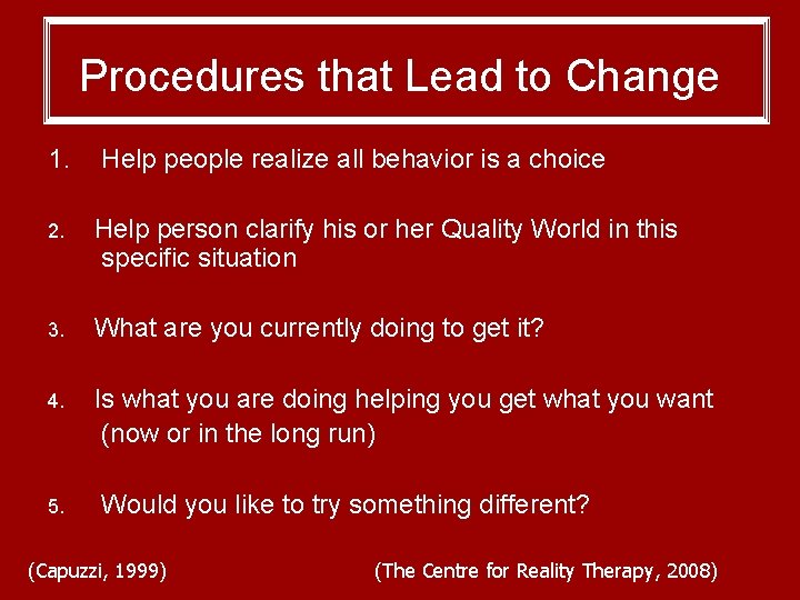Procedures that Lead to Change 1. Help people realize all behavior is a choice Procedures that Lead to Change 1. Help people realize all behavior is a choice