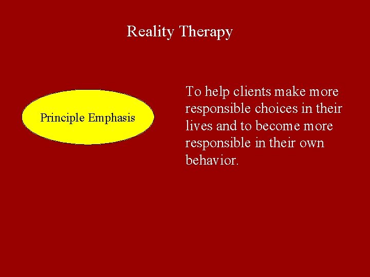Reality Therapy Principle Emphasis To help clients make more responsible choices in their lives Reality Therapy Principle Emphasis To help clients make more responsible choices in their lives