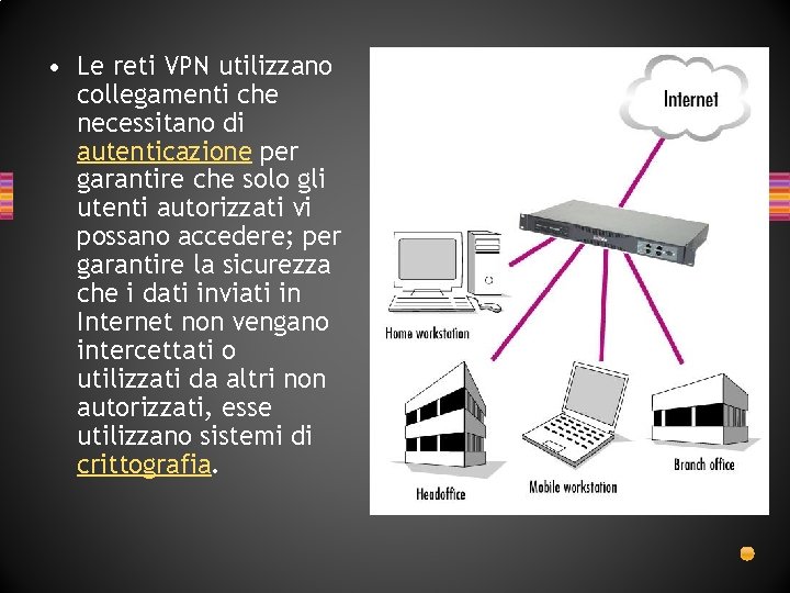 • Le reti VPN utilizzano collegamenti che necessitano di autenticazione per garantire che • Le reti VPN utilizzano collegamenti che necessitano di autenticazione per garantire che
