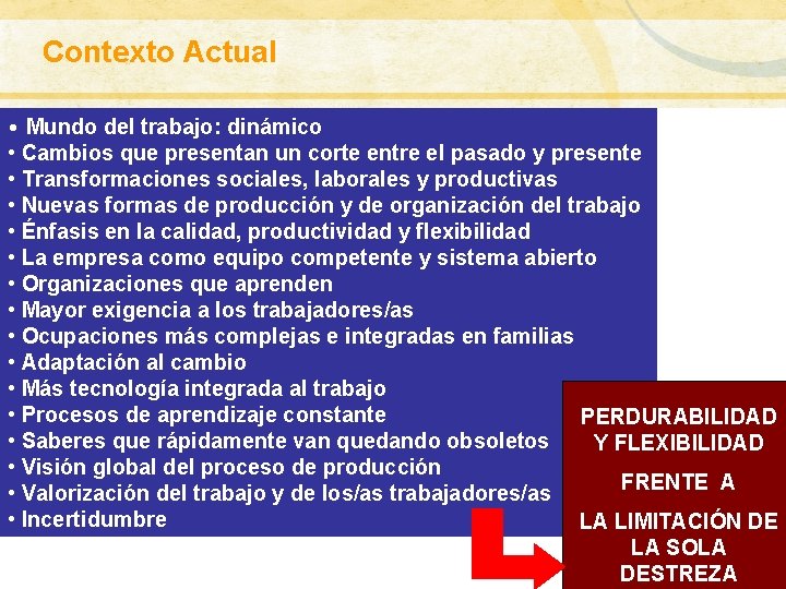 Contexto Actual GLOBALIZACIÓN: ALCANCE CONCEPTUAL • Mundo del trabajo: dinámico • Cambios que presentan Contexto Actual GLOBALIZACIÓN: ALCANCE CONCEPTUAL • Mundo del trabajo: dinámico • Cambios que presentan