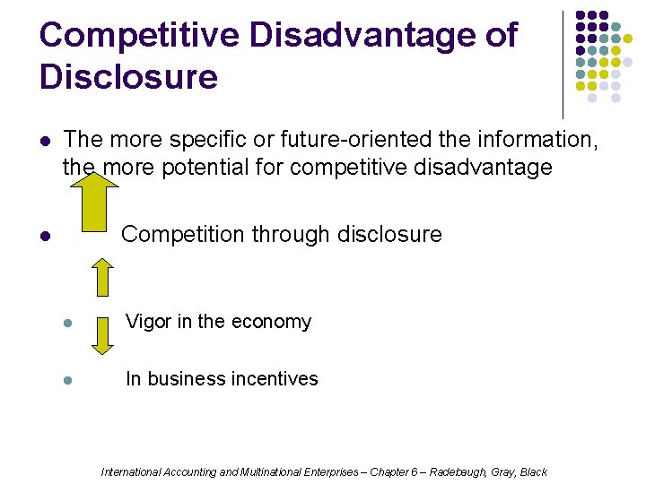 Competitive Disadvantage of Disclosure l The more specific or future-oriented the information, the more