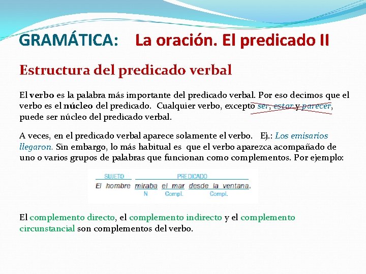 GRAMÁTICA: La oración. El predicado II Estructura del predicado verbal El verbo es la