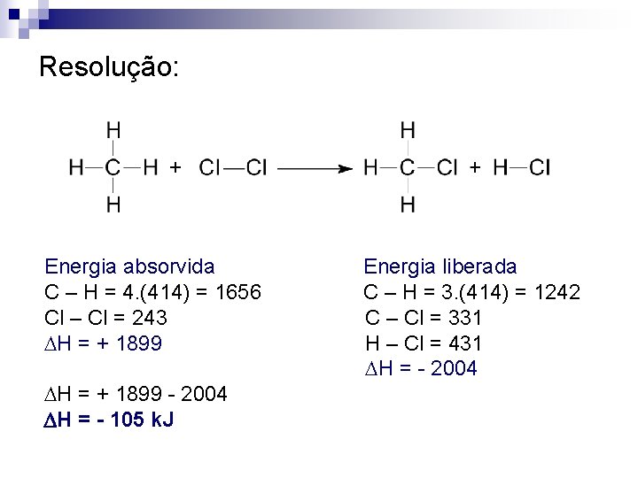 Resolução: Energia absorvida Energia liberada C – H = 4. (414) = 1656 C