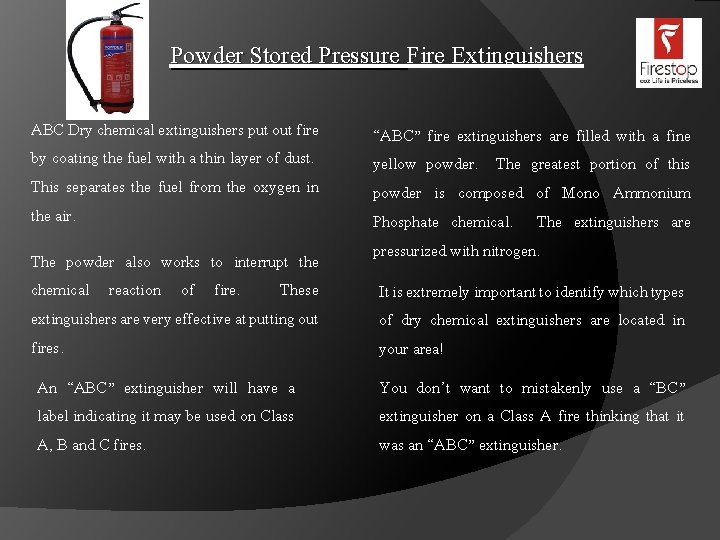 Powder Stored Pressure Fire Extinguishers ABC Dry chemical extinguishers put out fire by coating