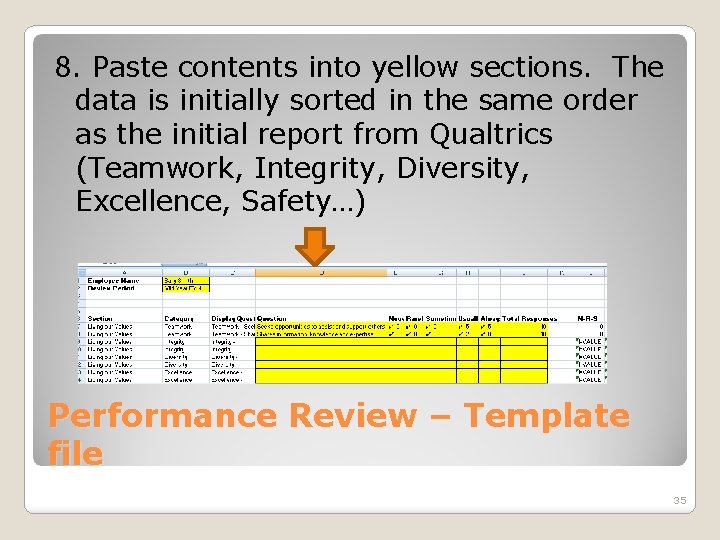 8. Paste contents into yellow sections. The data is initially sorted in the same