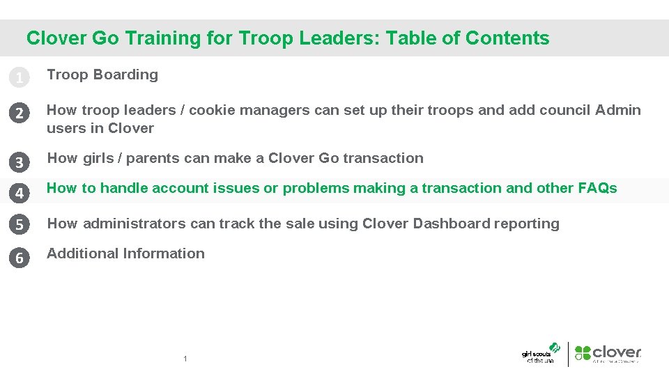 Clover Go Training for Troop Leaders: Table of Contents 1 Troop Boarding 2 How