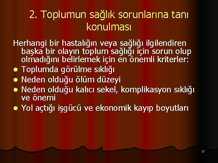 2. Toplumun sağlık sorunlarına tanı konulması Herhangi bir hastalığın veya sağlığı ilgilendiren başka bir