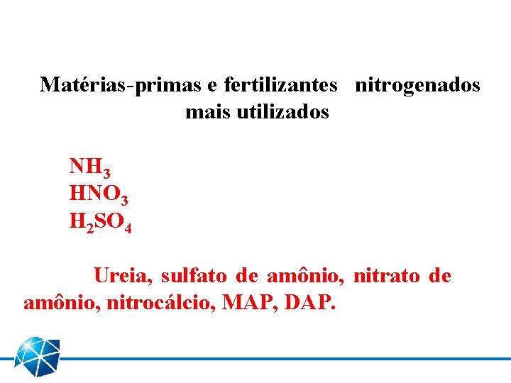 Matérias-primas e fertilizantes nitrogenados mais utilizados NH 3 HNO 3 H 2 SO 4