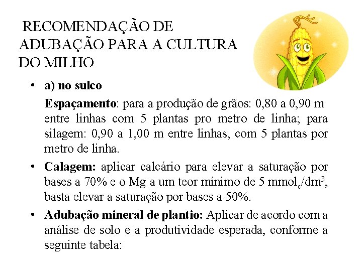  RECOMENDAÇÃO DE ADUBAÇÃO PARA A CULTURA DO MILHO • a) no sulco Espaçamento: