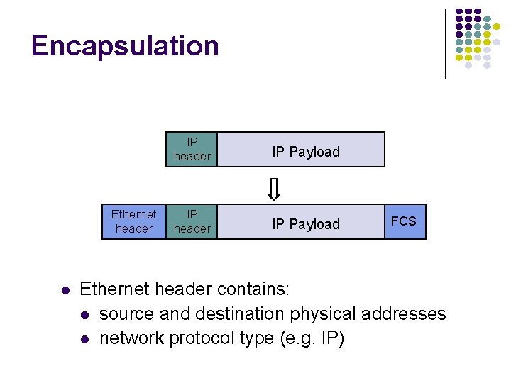 Encapsulation Ethernet header IP Payload IP header IP Payload FCS Ethernet header contains: source