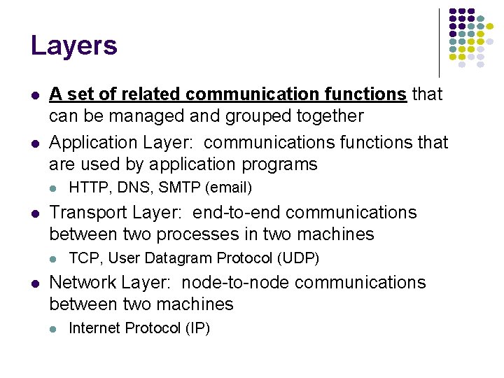 Layers A set of related communication functions that can be managed and grouped together