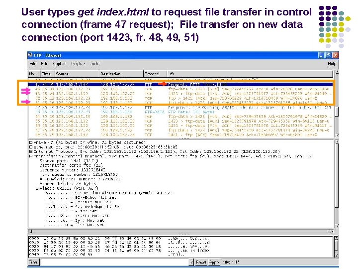 User types get index. html to request file transfer in control connection (frame 47