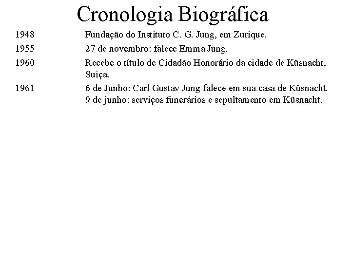 Cronologia Biográfica 1948 1955 1960 1961 Fundação do Instituto C. G. Jung, em Zurique.