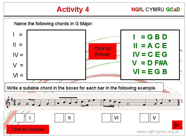 Activity 4 NGf. L CYMRU GCa. D Name the following chords in G Major: