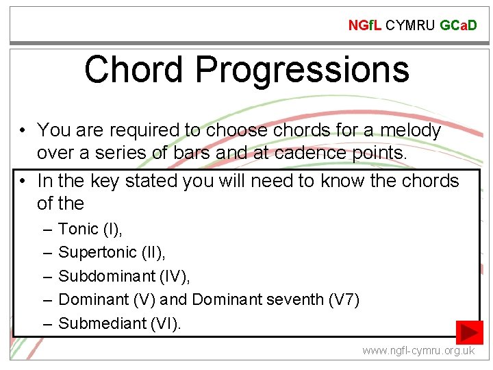 NGf. L CYMRU GCa. D Chord Progressions • You are required to choose chords NGf. L CYMRU GCa. D Chord Progressions • You are required to choose chords
