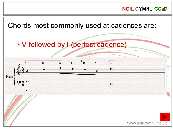 NGf. L CYMRU GCa. D Chords most commonly used at cadences are: • V NGf. L CYMRU GCa. D Chords most commonly used at cadences are: • V