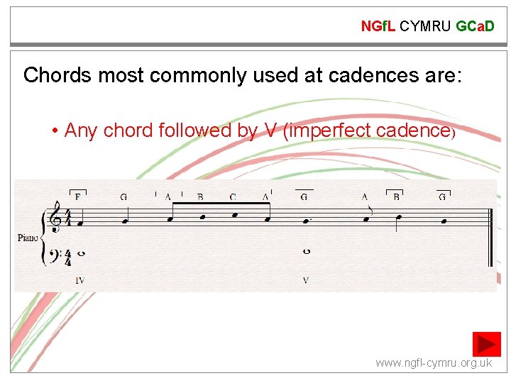 NGf. L CYMRU GCa. D Chords most commonly used at cadences are: • Any