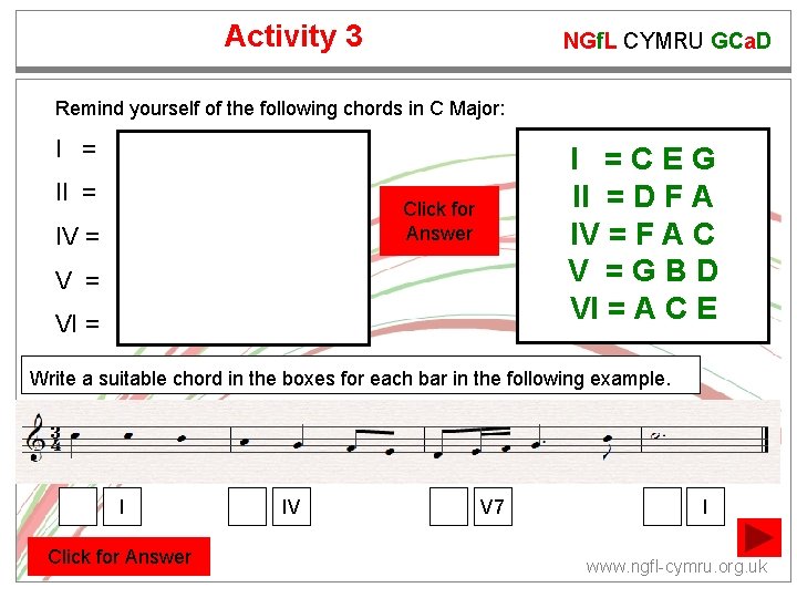 Activity 3 NGf. L CYMRU GCa. D Remind yourself of the following chords in Activity 3 NGf. L CYMRU GCa. D Remind yourself of the following chords in