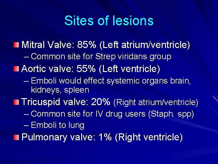 Sites of lesions Mitral Valve: 85% (Left atrium/ventricle) – Common site for Strep viridans