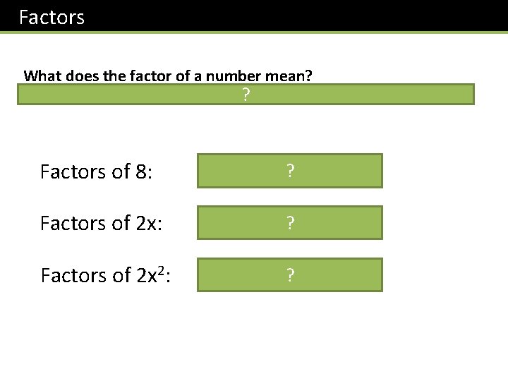 Factors What does the factor of a number mean? ? Numbers which divide the