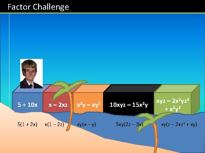 Factor Challenge 5 + 10 x 5(1 + 2 x) x – 2 xz