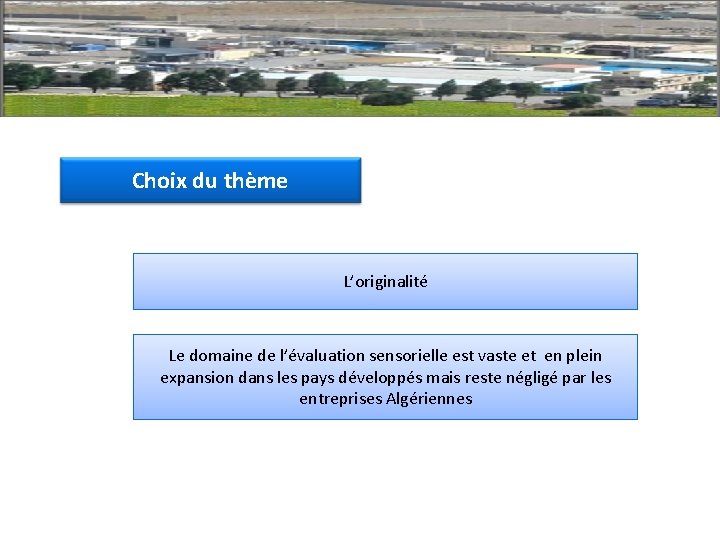 Choix du thème L’originalité Le domaine de l’évaluation sensorielle est vaste et en plein