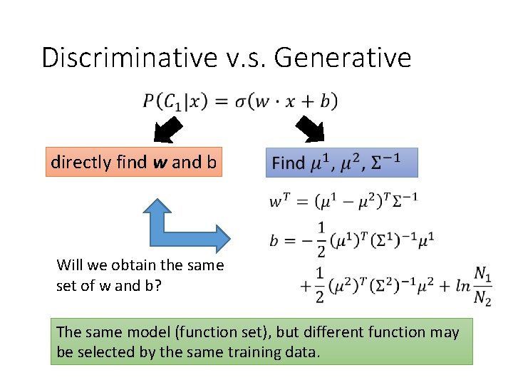 Discriminative v. s. Generative directly find w and b Will we obtain the same