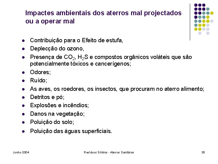 Impactes ambientais dos aterros mal projectados ou a operar mal l Contribuição para o