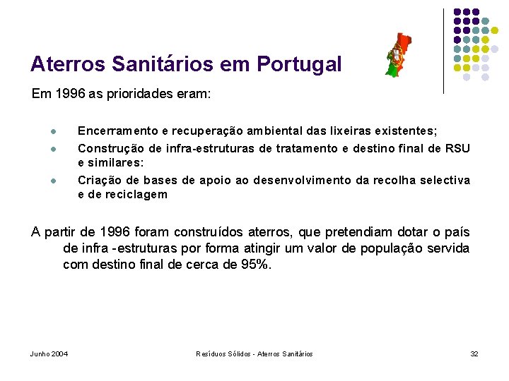 Aterros Sanitários em Portugal Em 1996 as prioridades eram: l l l Encerramento e