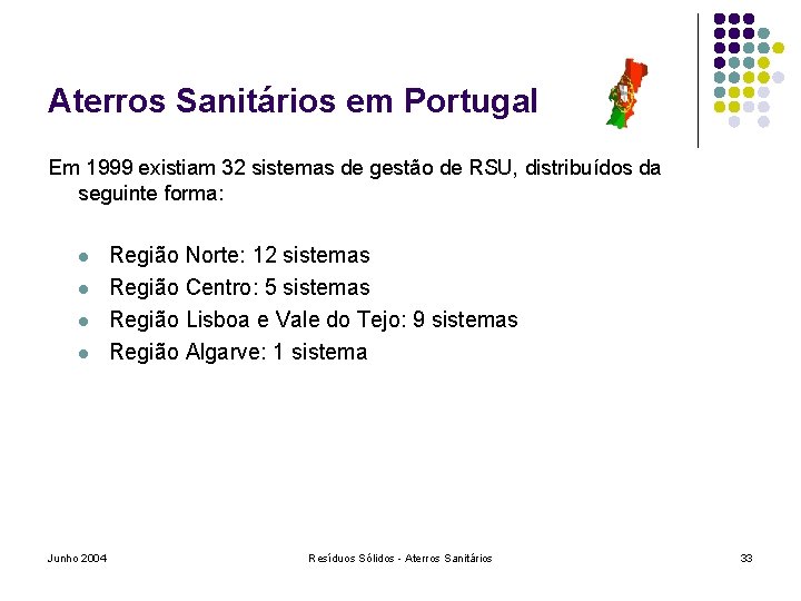 Aterros Sanitários em Portugal Em 1999 existiam 32 sistemas de gestão de RSU, distribuídos