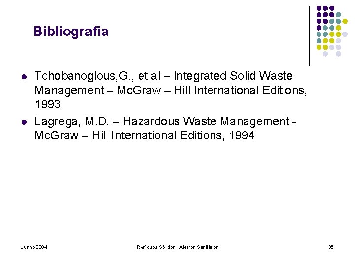 Bibliografia l l Tchobanoglous, G. , et al – Integrated Solid Waste Management –