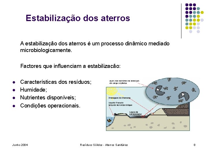 Estabilização dos aterros A estabilização dos aterros é um processo dinâmico mediado microbiologicamente. Factores