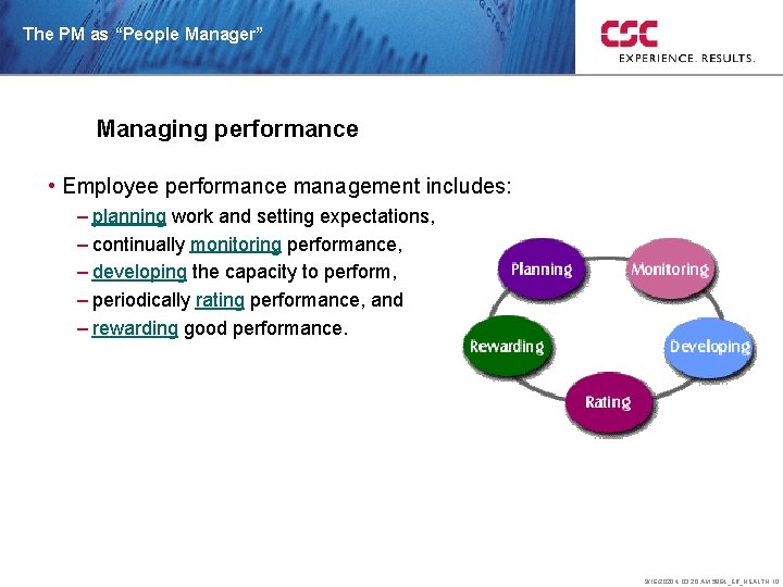 The PM as “People Manager” Managing performance • Employee performance management includes: – planning