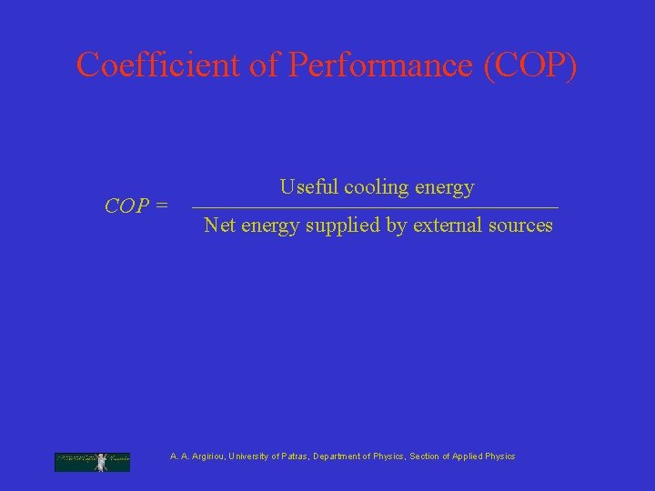 Coefficient of Performance (COP) COP = Useful cooling energy Net energy supplied by external Coefficient of Performance (COP) COP = Useful cooling energy Net energy supplied by external