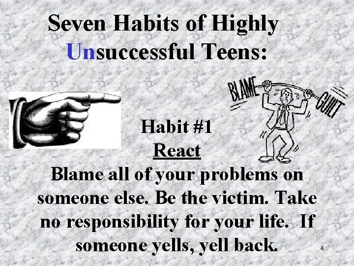  Seven Habits of Highly Unsuccessful Teens: Habit #1 React Blame all of your