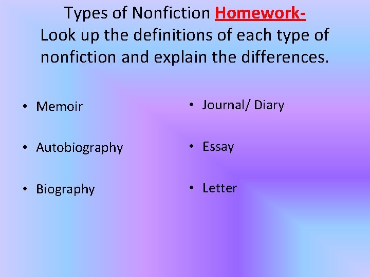 Types of Nonfiction Homework. Look up the definitions of each type of nonfiction and