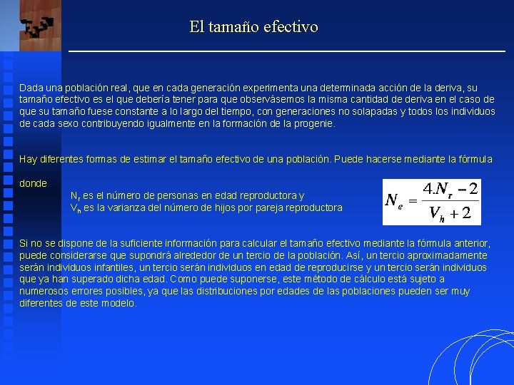 El tamaño efectivo Dada una población real, que en cada generación experimenta una determinada