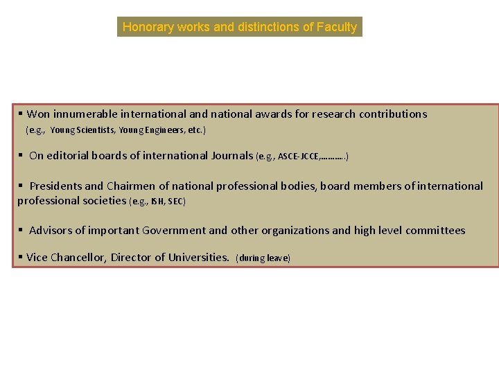 Honorary works and distinctions of Faculty § Won innumerable international and national awards for