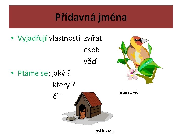 Přídavná jména • Vyjadřují vlastnosti zvířat osob věcí • Ptáme se: jaký ? který