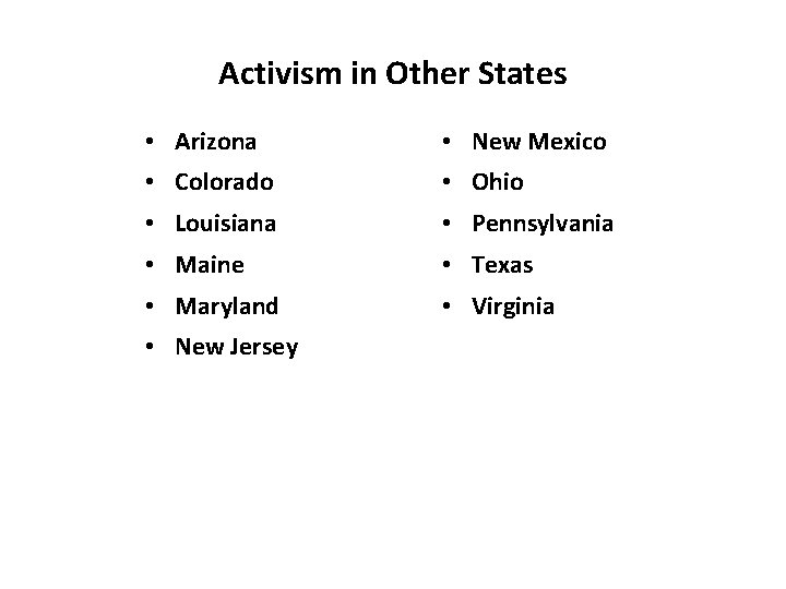 Activism in Other States • Arizona • New Mexico • Colorado • Ohio •